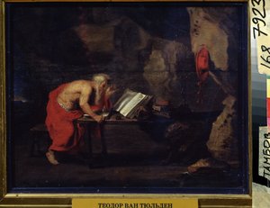 Saint Hieronymus (Saint Hieronymus). Målning av Theodoor Van Thulden (1606-1669). Huile sur bois, 22,2 x 29,5 cm. konst flamand, konst barock. Regionalt konstgalleri, Tambov (Ryssland).