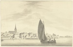 Byn Gouderak med ett segelfartyg i förgrunden av Theodorus Cornelis Schutter
