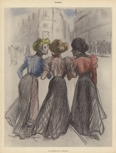 Tre kvinnor som går nerför gatan (färg litho) av Theophile Alexandre (after) Steinlen