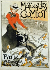 Reklamaffisch för Comiot motorcyklar. En ung kvinna på moped rullar bland en grupp gäss. Affisch av Theophile Alexandre Steinlen (1859-1923). 1899. Paris, dekorativ konst. av Théophile Alexandre Steinlen