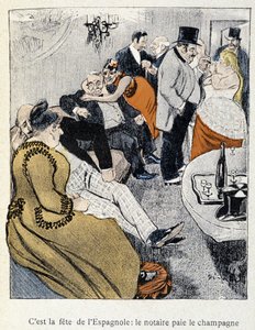 Filles et Marlous: Det är spanjorernas fest: notarien betalar champagnen - i "Dans la vie", av Steinlen 1901 (samma ritning som nr 27695) av Théophile Alexandre Steinlen