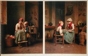 The Lesson and The Card Game, tryckt 1858 (färglitografi) av Theophile Emmanuel (after) Duverger