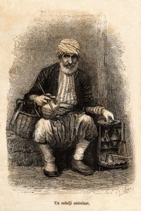 En kaféförsäljare (cafedji) som reser, i basaren i Trebizonde (nuvarande Trabzon, vid Svarta havets kust), graverar efter en teckning av berättaren, som illustrerar en resa till Lazistan och Armenien, 1869, av Theophile Deyrolle, publicerad i "" Le to
