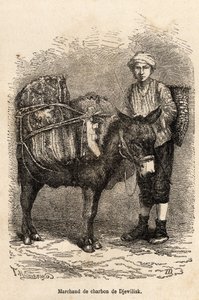 En kolhandlare, med sin åsna, i Djewilisk (Norra Anatolien), graverad efter en teckning av berättaren, som illustrerar en resa i Lazistan och Armenien, 1869, av Theophile Deyrolle, publicerad i "" Le tour du monde"" 1875, redigerad av Edouard Charton