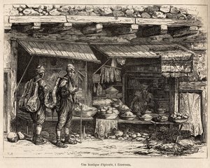 En livsmedelsbutik i Erzeroum (Armenien), graverad efter en teckning av författaren, som illustrerar resan i Lazistan och Armenien, av Theophile Deyrolles, 1869, publicerad i "" Le tour du monde""" 1875, redigerad av Edouard Charton, Hachette-upplagan, Par