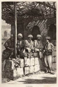 Ett armeniskt kafé, en plats för maskulin gemytlighet, för att dricka kaffe och röka pipan, graverad efter en teckning av författaren, som illustrerar resan i Lazistan och Armenien, av Theophile Deyrolles, 1869, publicerad i "" Le tour du monde" ”” 1875, e