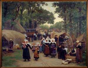 Ankomsten till Pardon de Fouesnant bretonska familjer i traditionell kostym. Målning av Theophile Deyrolle (1844-1923) 1892 Brest, Museum of Fine Arts
