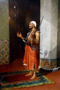 Turkisk vakt ber, sent 1800-tidigt 1900-tal (olja på duk) av Theophile Marie Francois Lybaert
