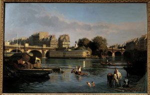 Den nya bron och spetsen av Ile de la Cite. Utsikt över Paris. Målning av Theophile Meunier (1800-1884) av Théophile Meunier