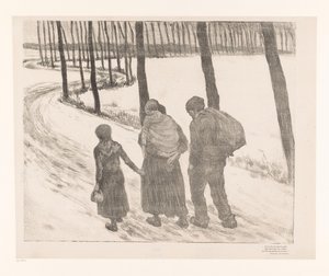Man och kvinna med två barn går på en landsväg Pauvres gens av Théo van Rysselberghe
