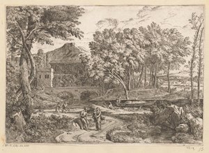 Arkadiskt landskap med en flock getter vid vattnet och en mamma med barn på en stig med andra figurer Suite de Paysages (serietitel)