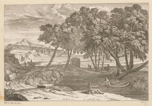 Arkadiskt landskap med en fiskare i en båt Suite de Paysages (serietitel) av Théodore