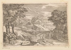 Arkadiskt landskap med en kvinna som sitter vid en vas och andra figurer Suite de Paysages (serietitel)