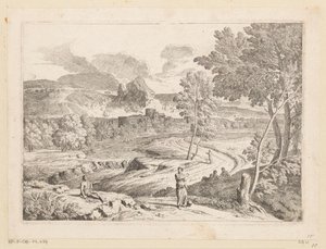 Arkadiskt landskap med figurer längs en stig vid en bäck Suite de Paysages (serietitel)