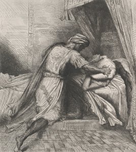 Han kväver henne: plåt 13 från Othello Akt 5, Scen 2, etsad 1844, omtryckt 1900. av Théodore Chassériau