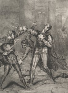Skurk, du dör: tavla 10 från Othello Act 5, Scene 1, etsad 1844, omtryckt 1900. av Théodore Chassériau