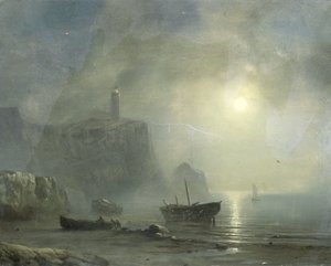 Vy över en stenig kust vid månsken av Théodore Gudin (attributed to)