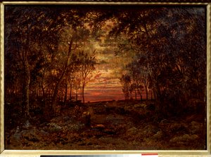 Solnedgång i skogen Målning av Theodore Rousseau (1812-1867) Barbizonskolan från 1800-talet. Dämpa. 0,46x0,62m. Olja på duk. .