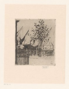 Gatuvy med figurer vid en hamn Hörnet av Luna Street, Chelsea Embankment av Théodore Roussel (signed by artist)