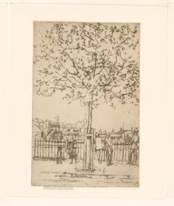 Sex figurer vid ett staket längs en flod, i förgrunden ett träd Chelsea Embankment, juni, 17:00, 1889 av Théodore Roussel (signed by artist)