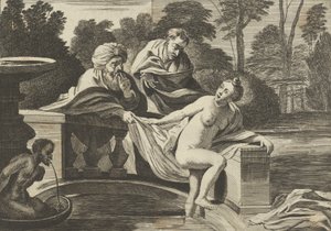 Susanna, delvis naken och kliver ut ur en fontän med två äldste till vänster, en o..., ca. 1656-60.
