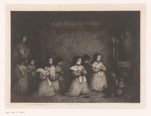 Grupp flickor i bön framför en staty av Maria La Priere (titel på objekt) Eaux-Fortes Modernes: Originales et Inédites (serietitel)