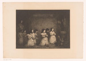 Grupp flickor i bön framför en staty av Maria La Priere (titel på objekt) Eaux-Fortes Modernes: Originales et Inédites (serietitel)