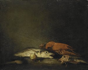 Stilleben med fisk och en hummer