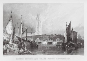 Boston Church och Grand Sluice, Lincolnshire (gravyr) av Thomas (after) Allom