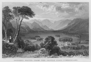 Derwent Water, från Castle Head, Cumberland (gravyr) av Thomas (after) Allom