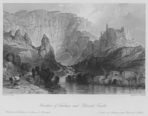 Fontänen i Vaucluse och Petrarcas slott (gravyr) av Thomas (after) Allom