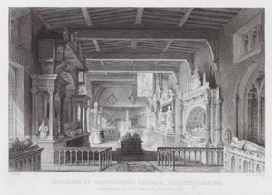 Interiör av Bottesford Church, Leicestershire, Monument till Earls of Rutland (gravyr) av Thomas (after) Allom