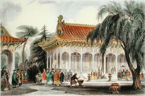 The Hall of Audience vid Palace of Yuen-ming-Yuan, Peking, ca 1850 (färg litho) av Thomas (after) Allom