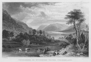 Thirlmere, eller Wythburn Water, Cumberland (gravyr) av Thomas (after) Allom