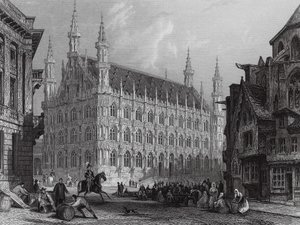 Rådhuset i Louvain, med en del av katedralen (gravyr) av Thomas (after) Allom