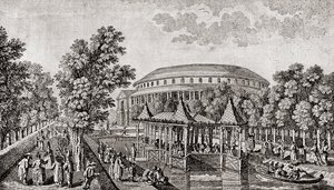 Ranelagh Gardens, Chelsea, London, England. Utsidan av Rotundan vid Ranelagh Gardens, det "kinesiska huset" och en del av tomten, efter gravyren av Thomas Bowles av Thomas (after) Bowles