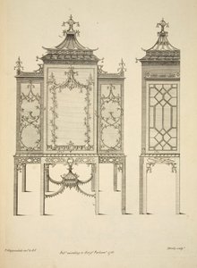 Design för ett Kinafall, pub. 1753 (gravyr) av Thomas (after) Chippendale