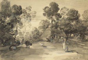 Skogbevuxet landskap med figurer, stuga och ko, ca 1785 (tvätt & krita med gouache på papper) av Thomas (after) Gainsborough