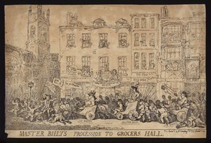 Mästare Billys procession till Grocers Hall; Politisk satir över processionen av William Pitt den yngre till Grocers Hall för att ta emot Londons frihet av Thomas (after) Rowlandson