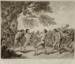 Boxningsmatchen mellan Daniel Mendoza och Richard Humphreys i Stilton, Huntingdonshire, 6 maj 1789, graverad av Joseph Grozer (ca 1755-99) (gravyr) av Thomas (after) Rowlandson