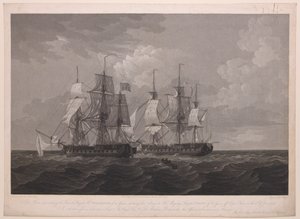 Denna plansch föreställande den franska fregatten La Proserpine på 40 kanoner som slog flagg mot Hans Majestäts fregatt Dryad på 36 kanoner utanför Cape Clear den 13 juni 1796... tillägnad kapten... Lord Amelius Beauclerk... av Thomas (after) Whitcombe