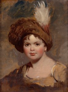 Porträtt av en ung pojke i brun dräkt med fjäderprydd hatt (skiss) (olja på duk) av Thomas (attr. to) Lawrence