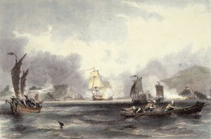 HM Ships Imogene och Andromache passerar batterierna i Bocca-Tigris, ca 1850