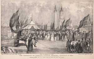 Ceremonin för öppning av London Bridge med Old London Bridge i bakgrunden av Thomas Allom
