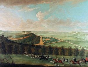 Utsikt över Belvoir Castle från sydväst, med Belvoir Hunt in Full Cry, 1730
