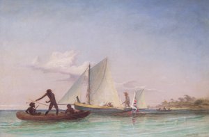 The Long Boat of the Messenger attackerad av infödda av Thomas Baines