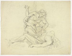 Pyramus och Thisbe (höger); Tre mansfigurer med mausoleumsplanritning (verso) av Thomas Banks