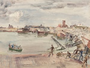 Docks ex lager (sic) i hamnen i Calais Bassin Ouest, 1944 (penna, penna, bläck, pensel och wc på papper)