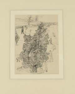 Figurer i parken; "Männen var tysta, träden pratade." Illustration för The Witnesses, före 1938 (penna och bläck på papper)