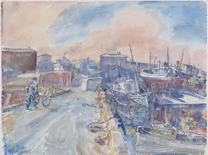 Reykjavik från Main Quay, Frosty Morning, Island, ca 1930 (akvarell och penna på papper)
